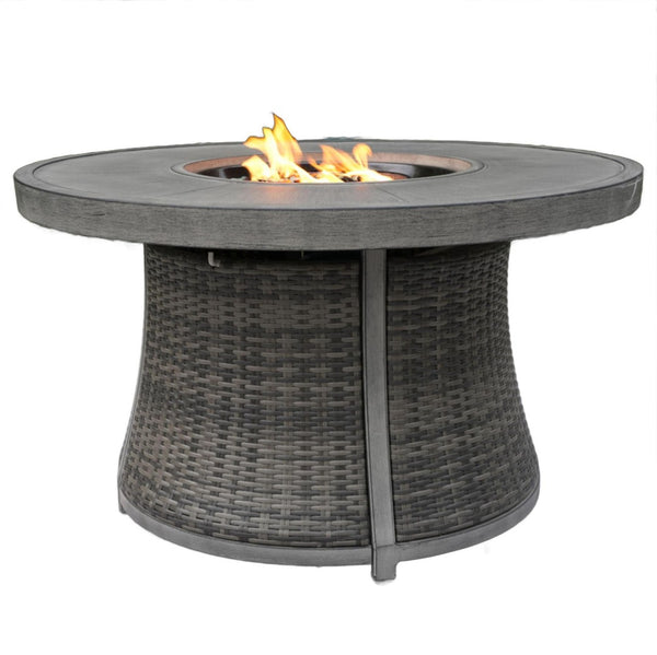 HomeRoots 50000 BTU Round Propane Fire Pit Table - Elegant Gray Aluminum & Rattan Design with Cover Included 535140