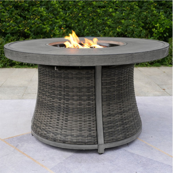 HomeRoots 50000 BTU Round Propane Fire Pit Table - Elegant Gray Aluminum & Rattan Design with Cover Included 535140