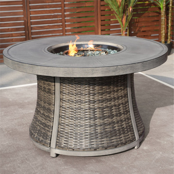 HomeRoots 50000 BTU Round Propane Fire Pit Table - Elegant Gray Aluminum & Rattan Design with Cover Included 535140