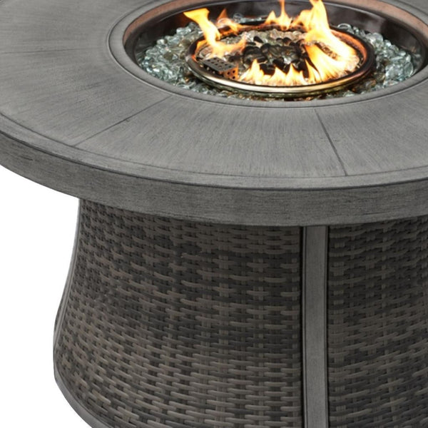 HomeRoots 50000 BTU Round Propane Fire Pit Table - Elegant Gray Aluminum & Rattan Design with Cover Included 535140