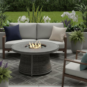 HomeRoots 50000 BTU Round Propane Fire Pit Table - Elegant Gray Aluminum & Rattan Design with Cover Included 535140