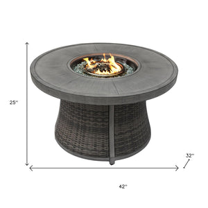 HomeRoots 50000 BTU Round Propane Fire Pit Table - Elegant Gray Aluminum & Rattan Design with Cover Included 535140