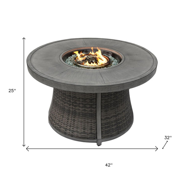 HomeRoots 50000 BTU Round Propane Fire Pit Table - Elegant Gray Aluminum & Rattan Design with Cover Included 535140