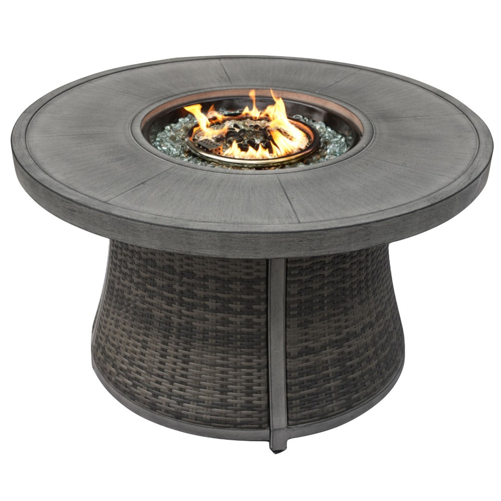 HomeRoots 50000 BTU Round Propane Fire Pit Table - Elegant Gray Aluminum & Rattan Design with Cover Included 535140