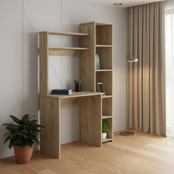 HomeRoots 39" Oak Wood Writing Desk & Bookshelf Set - Stylish, Durable, Organized Workspace for Home Office Use 535143