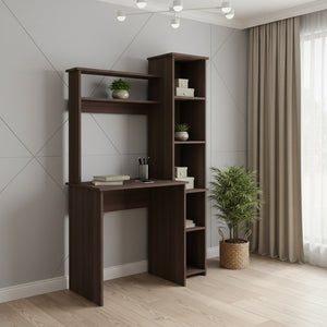 HomeRoots 39" Dark Brown Wood Writing Desk and Bookshelf Set - Stylish Workspace Solution with Open Shelving 535146