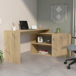 HomeRoots 60" Oak Wood L-Shaped Writing Desk - Stylish, Space-Saving Design with Ample Storage for Home Office 535156