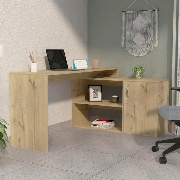 HomeRoots 60" Oak Wood L-Shaped Writing Desk - Stylish, Space-Saving Design with Ample Storage for Home Office 535156