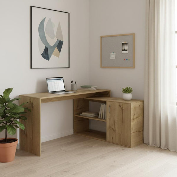 HomeRoots 60" Oak Wood L-Shaped Writing Desk - Stylish, Space-Saving Design with Ample Storage for Home Office 535156