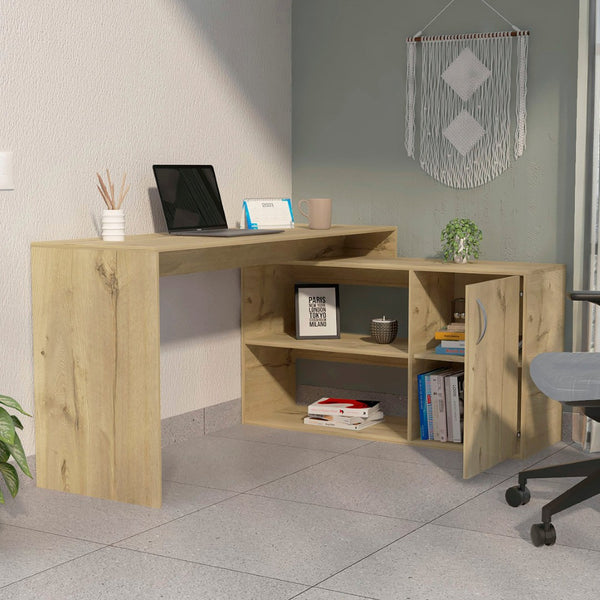 HomeRoots 60" Oak Wood L-Shaped Writing Desk - Stylish, Space-Saving Design with Ample Storage for Home Office 535156