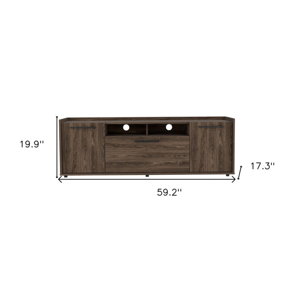 HomeRoots 59" Brown Wood TV Stand with Enclosed Storage & Open Shelves for Media & Decorative Display Solutions 535162