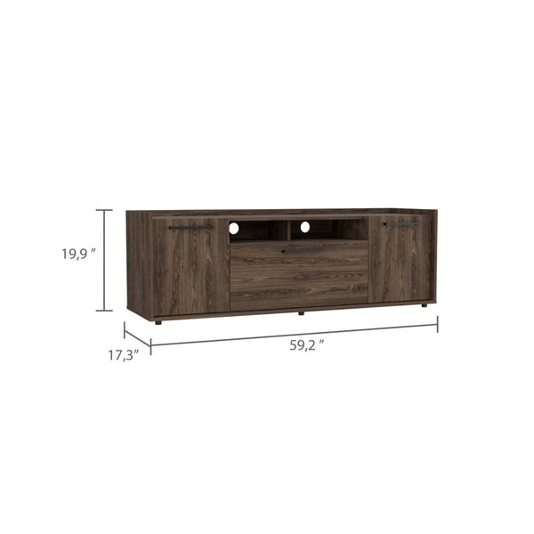HomeRoots 59" Brown Wood TV Stand with Enclosed Storage & Open Shelves for Media & Decorative Display Solutions 535162