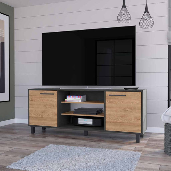 HomeRoots 59" Stylish Black and Natural Wood TV Stand with Smart Storage for Modern Living Spaces and Decor 535164