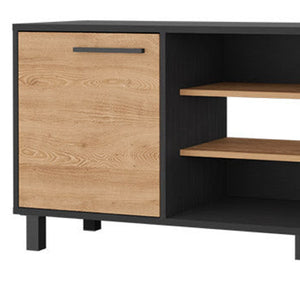 HomeRoots 59" Stylish Black and Natural Wood TV Stand with Smart Storage for Modern Living Spaces and Decor 535164