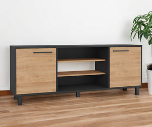 HomeRoots 59" Stylish Black and Natural Wood TV Stand with Smart Storage for Modern Living Spaces and Decor 535164