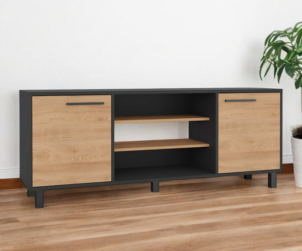HomeRoots 59" Stylish Black and Natural Wood TV Stand with Smart Storage for Modern Living Spaces and Decor 535164