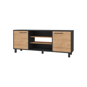 HomeRoots 59" Stylish Black and Natural Wood TV Stand with Smart Storage for Modern Living Spaces and Decor 535164