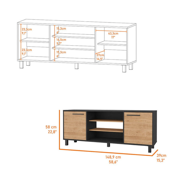 HomeRoots 59" Stylish Black and Natural Wood TV Stand with Smart Storage for Modern Living Spaces and Decor 535164