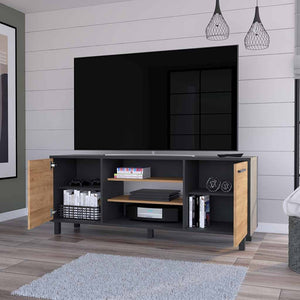 HomeRoots 59" Stylish Black and Natural Wood TV Stand with Smart Storage for Modern Living Spaces and Decor 535164