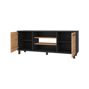 HomeRoots 59" Stylish Black and Natural Wood TV Stand with Smart Storage for Modern Living Spaces and Decor 535164