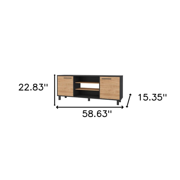 HomeRoots 59" Stylish Black and Natural Wood TV Stand with Smart Storage for Modern Living Spaces and Decor 535164