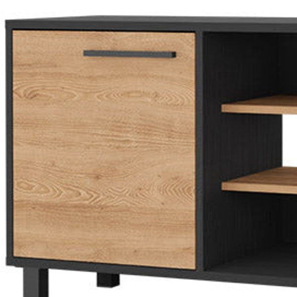 HomeRoots 59" Stylish Black and Natural Wood TV Stand with Smart Storage for Modern Living Spaces and Decor 535164
