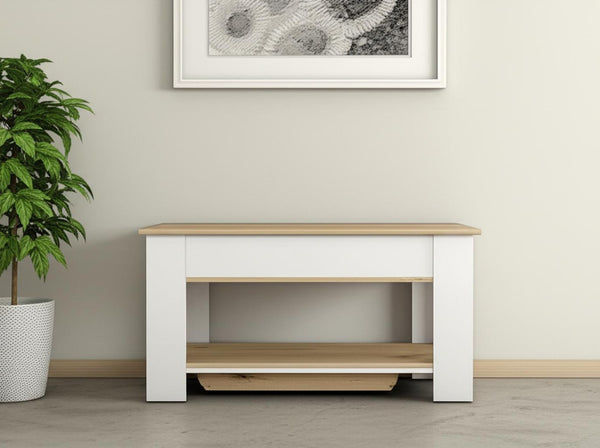 HomeRoots 40" Oak and White Storage Bench with Hidden Compartment, Seating for Two & Stylish Shoe Rack 535165
