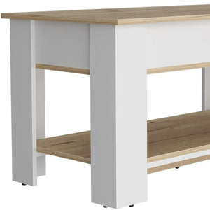 HomeRoots 40" Oak and White Storage Bench with Hidden Compartment, Seating for Two & Stylish Shoe Rack 535165