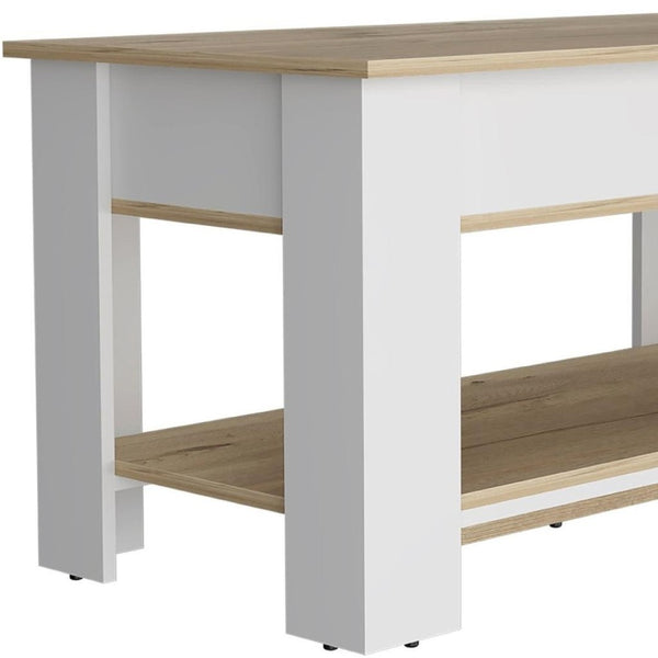 HomeRoots 40" Oak and White Storage Bench with Hidden Compartment, Seating for Two & Stylish Shoe Rack 535165