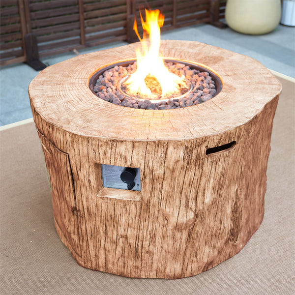 Homeroots 37" Brown Faux Wood Stump Propane Round Fire Pit With Cover   535176