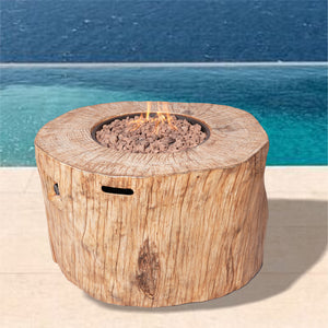 Homeroots 37" Brown Faux Wood Stump Propane Round Fire Pit With Cover   535176