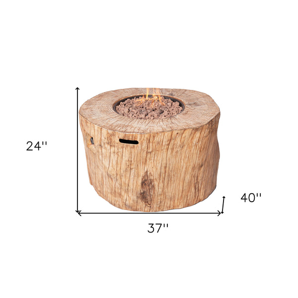 Homeroots 37" Brown Faux Wood Stump Propane Round Fire Pit With Cover   535176