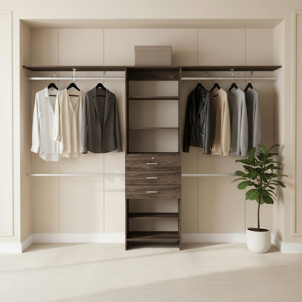 HomeRoots 118" Dark Brown Wood Closet System - Elegant Modern Design for Organized Bedrooms & Dressing Rooms 535188