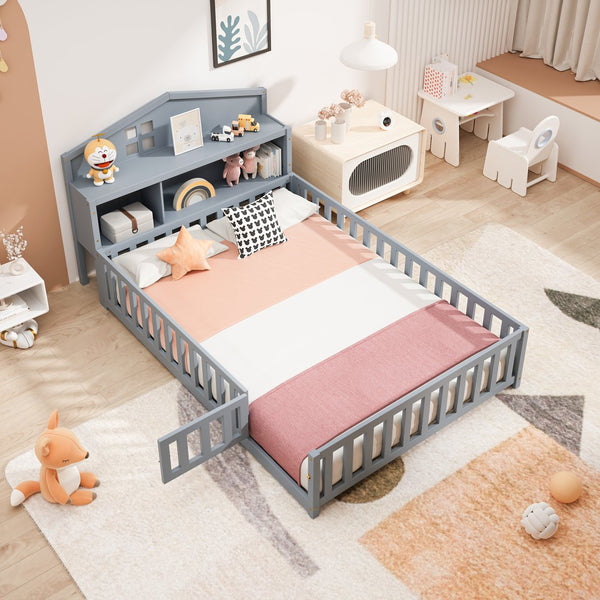 English Elm Full-size Montessori Floor Bed with Built-In Bookcase and Chalkboard, Space-Saving Solid Wood Platform for Kids Grey 56.3 L x 17.32 W x 5.31 H W1716S00013