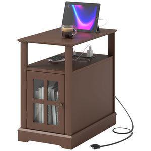 English Elm HOMCOM Narrow End Table with Built-In Charging Station, Hidden Glass Storage and Open Shelf Elegance Brown W2225P229465