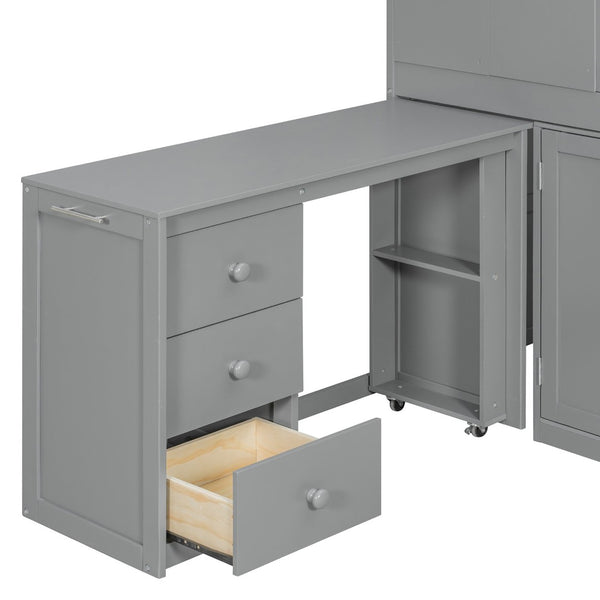 English Elm Twin House Loft Bed with Pull Out Rolling Desk Stair Drawers and Cabinet Storage Gray N820S00072E