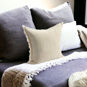 Homeroots 20" X 20" Cream Cotton Zippered Down Pillow With Fringe Cream  535259