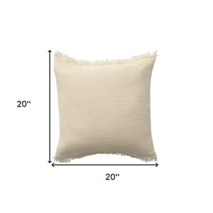 Homeroots 20" X 20" Cream Cotton Zippered Down Pillow With Fringe Cream  535259