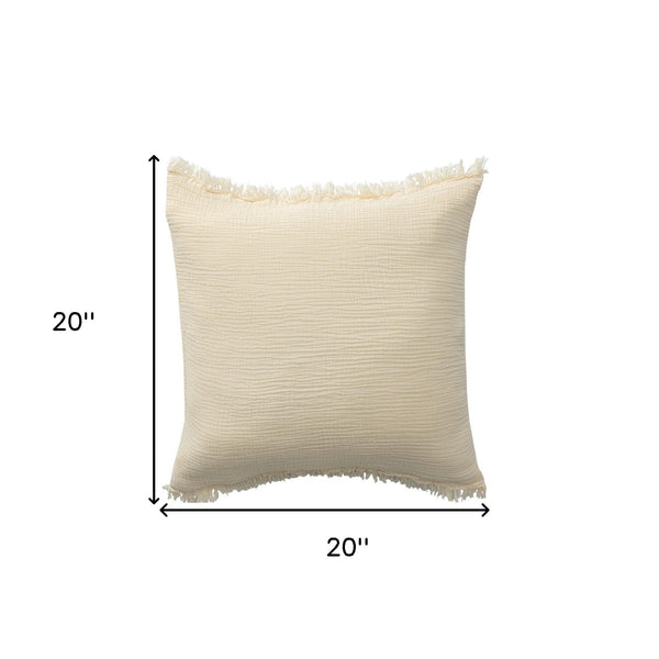 Homeroots 20" X 20" Cream Cotton Zippered Down Pillow With Fringe Cream  535259