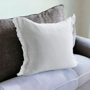 Homeroots 20" X 20" White Cotton Zippered Down Pillow With Fringe White  535260