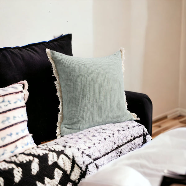 Homeroots 20" X 20" Green Cotton Zippered Down Pillow With Fringe Green  535261