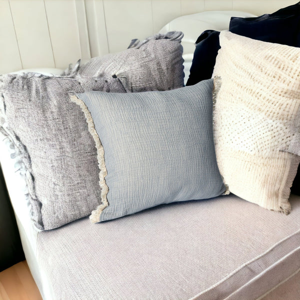 Homeroots 20" X 20" Blue Cotton Zippered Down Pillow With Fringe Blue  535262