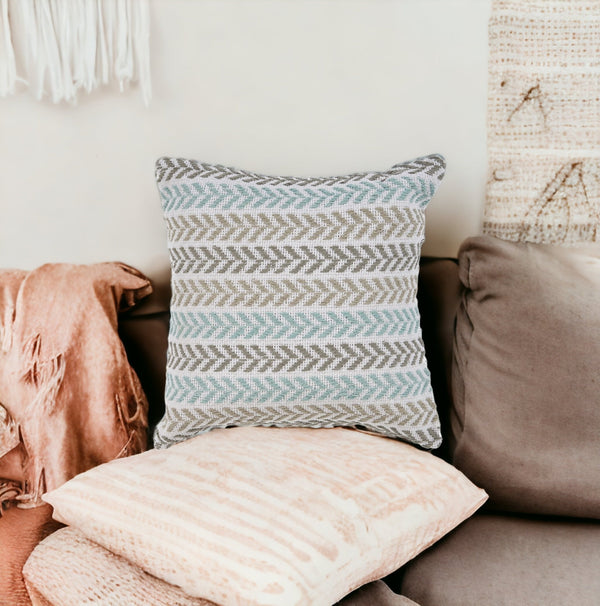 Homeroots Set Of Four 18" X 18" Blue Beach Chevron Cotton Zippered Pillow Blue And Beige  535277