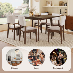 English Elm 7-piece Rectangular Rubberwood Dining Set with Six Linen Upholstered Stackable Chairs Dark Walnut N752S000018D