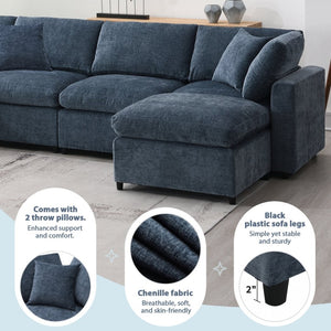 English Elm [new Sku] Chenille Modular Sectional Sleeper Sofa with Ottoman Six Seat U Shape Living Room Dark Blue N723S8583K