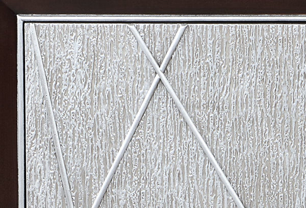 English Elm Geranio Metallic Silver & Walnut Console Cabinet with Geometric Pattern, Touch-Open Doors, 70lb Top B2726P285784