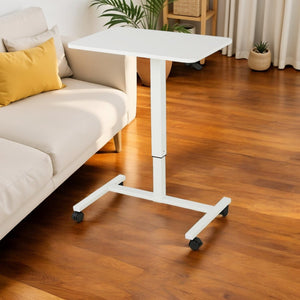 HomeRoots Adjustable Rolling Standing Desk - Elegant White Wood & Stainless Steel Design for Small Spaces 535346