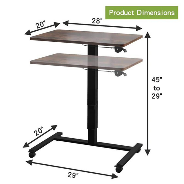Homeroots Adjustable Rolling Standing Desk - Stylish Brown & Black Wood With Durable Stainless Steel Frame   535349