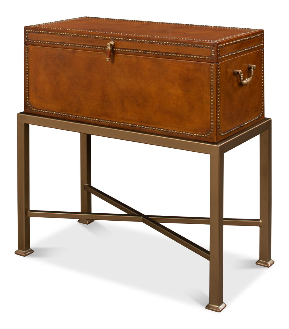 Sarreid Remington Brown Leather Box On Stand With Brass Trim - Elegant Wood & Leather Storage Solution Brown  53537