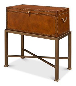 Sarreid Remington Brown Leather Box On Stand With Brass Trim - Elegant Wood & Leather Storage Solution Brown  53537
